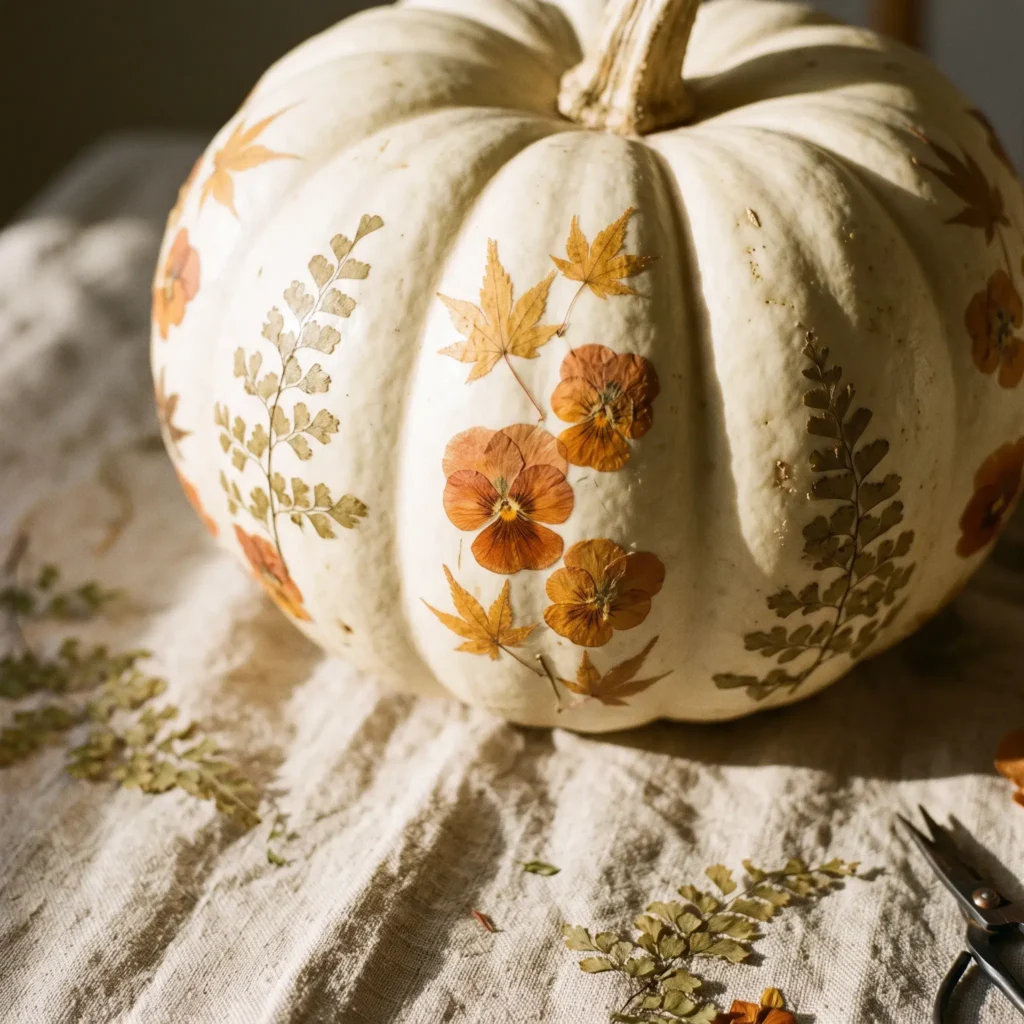Ivory pumpkin decorated with real pressed pansies, ferns, and fall leaves on a linen surface.