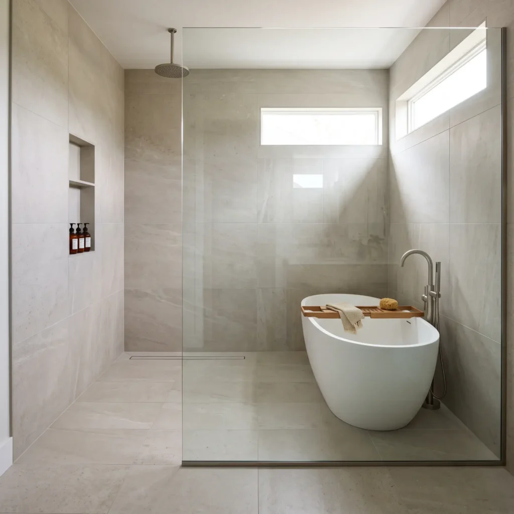 Modern U.S. wet room layout combining a matte white freestanding oval soaking tub and dual rainfall shower behind a frameless glass partition.