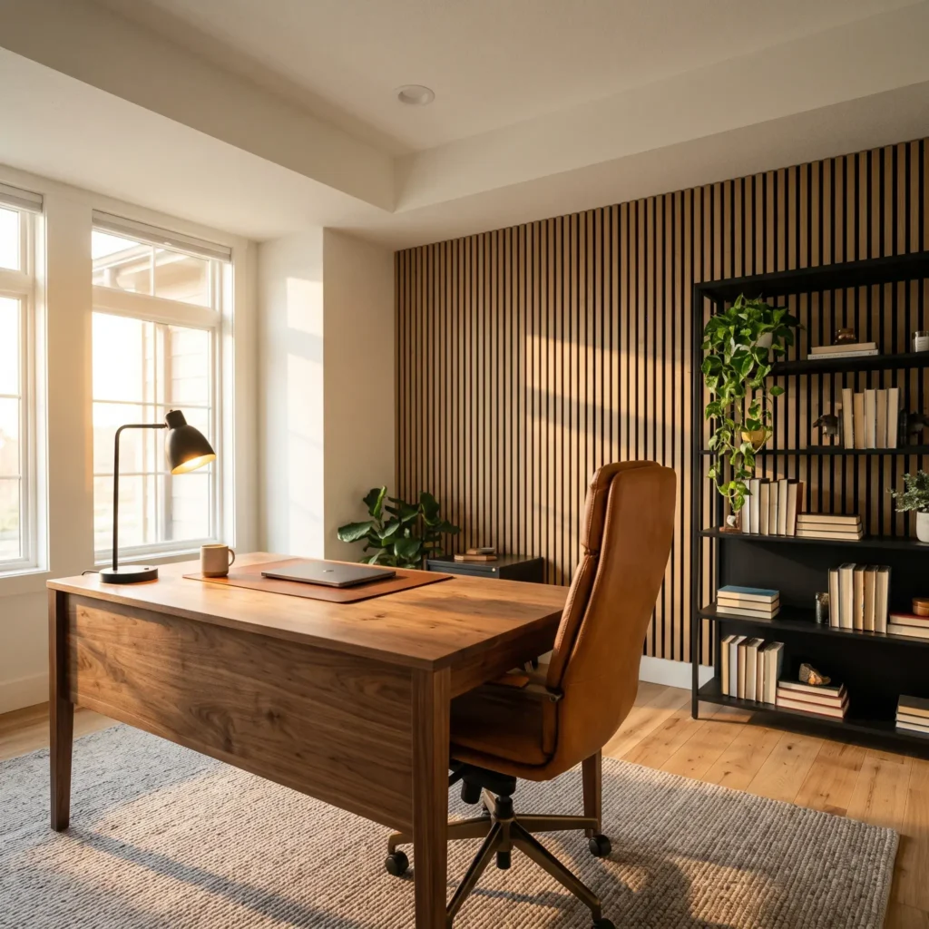 Modern home office with oak slat acoustic wall paneling, tidy bookshelf, and warm desk lighting.