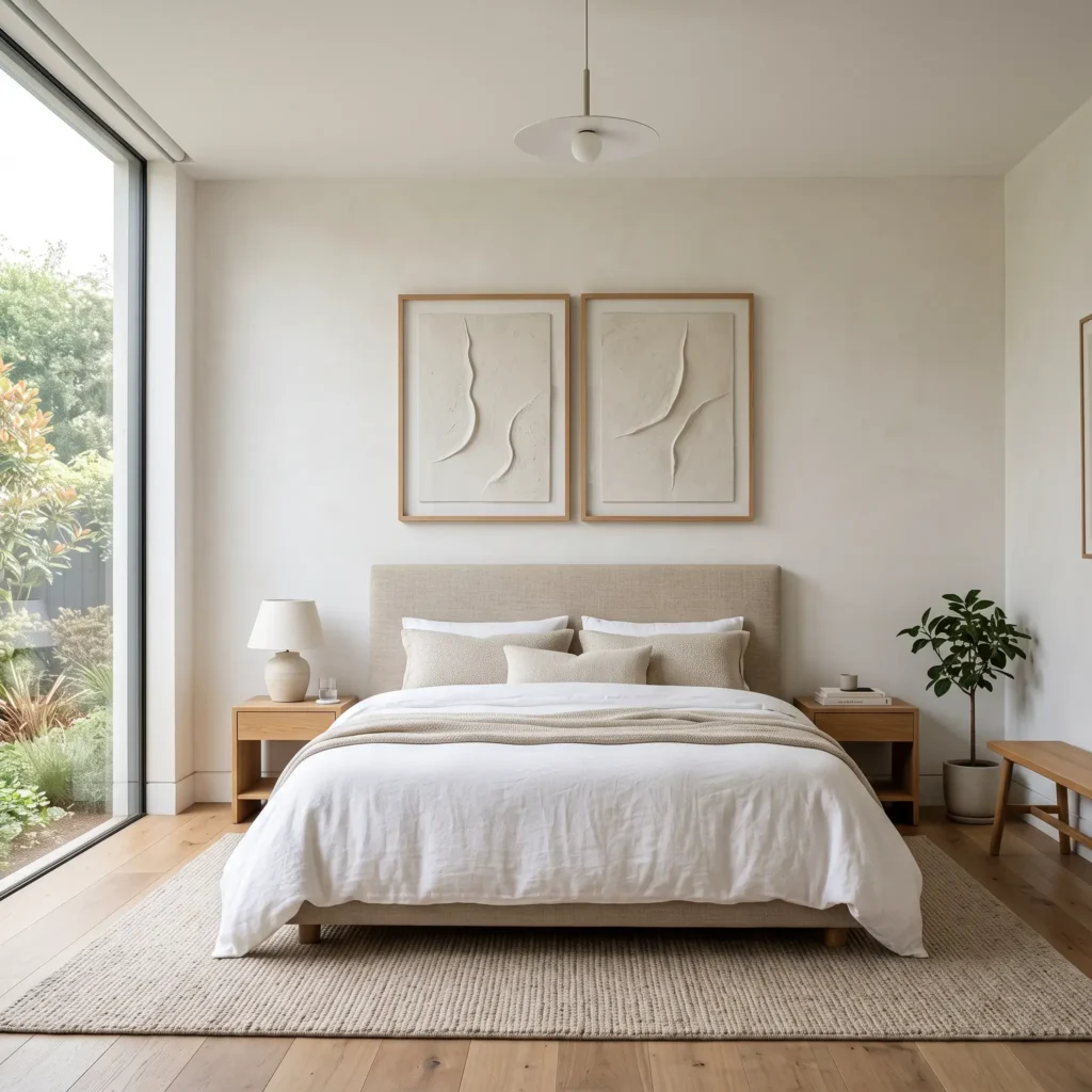 Minimalist framed diptych canvas art spanning two thirds the width of an upholstered king headboard.