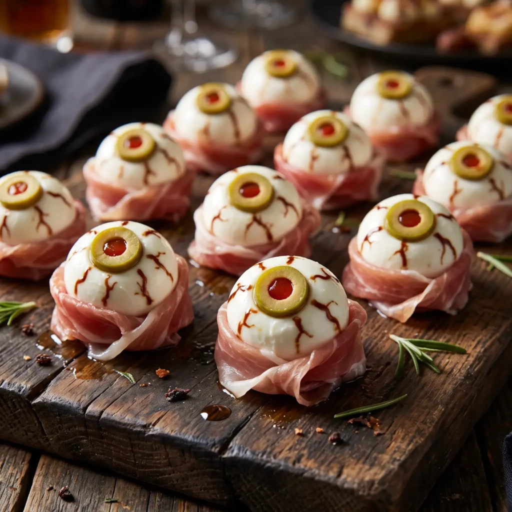 Fresh mozzarella eyeball appetizers stuffed with green pimento olives and wrapped in prosciutto.