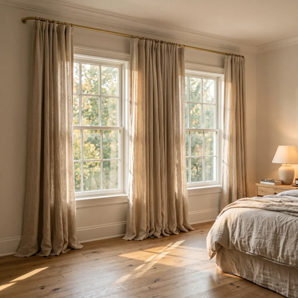  Pinch pleated natural linen curtains mounted near the ceiling puddling two inches on rustic hardwood floors