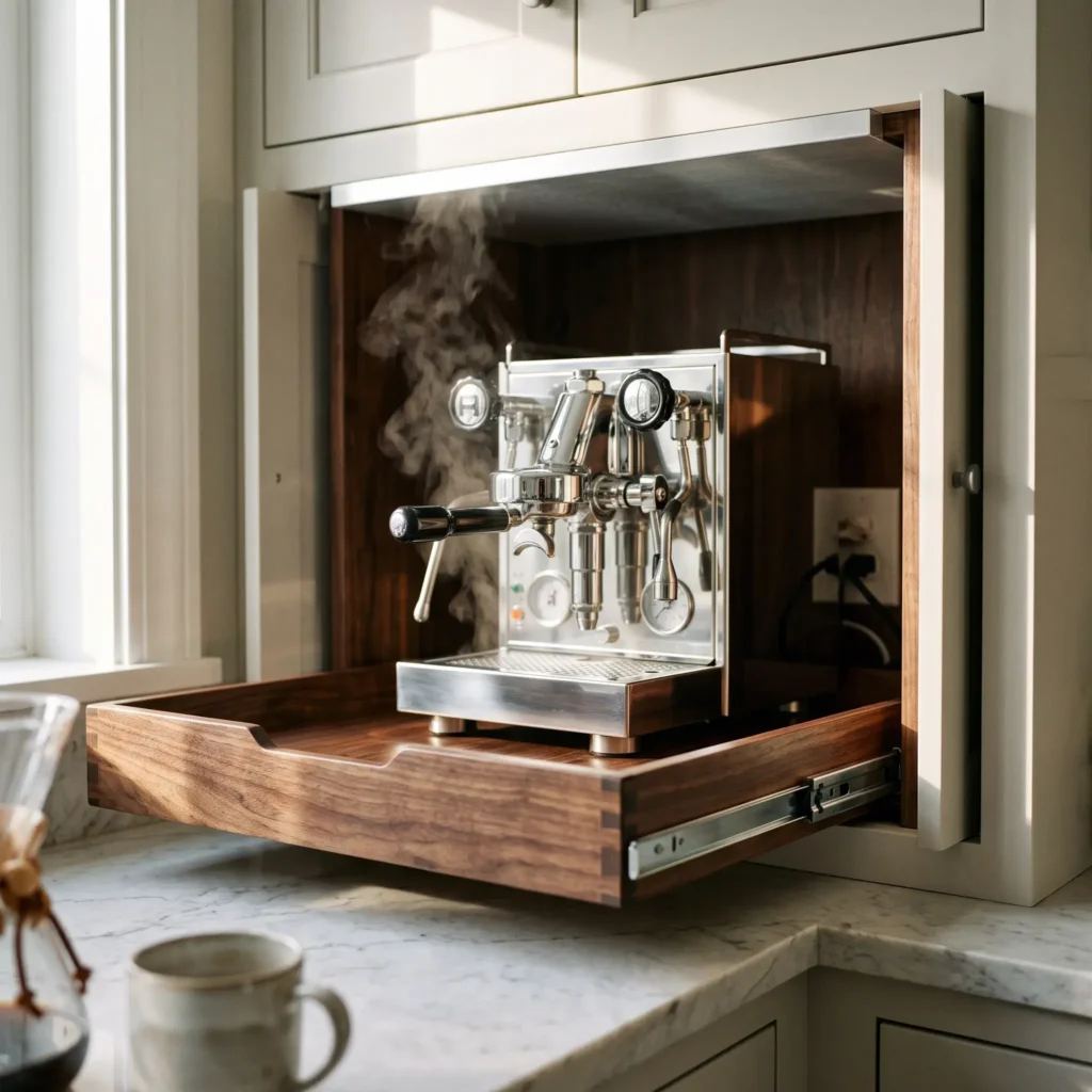 Wooden pull out appliance tray holding an espresso machine extended past the edge of upper kitchen cabinets.