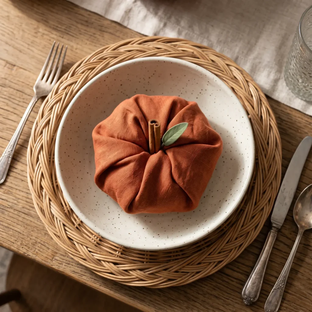 Terracotta cloth napkin shaped into a round pumpkin with a whole cinnamon stick stem resting in an artisan ceramic bowl.