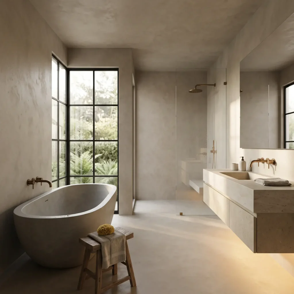  Minimalist primary bathroom featuring continuous tadelakt plaster walls, a floating limestone vanity, and a matte soaking tub.