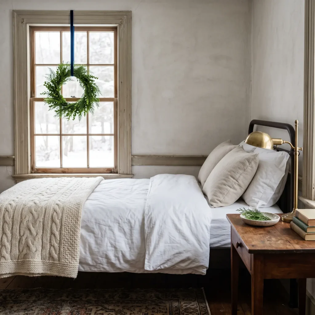 Minimalist guest bedroom featuring a fresh cedar wreath hung with navy velvet ribbon against a paned window.