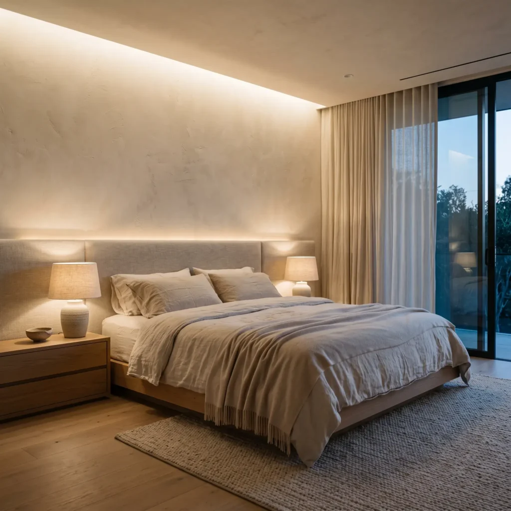 Restful bedroom with textured slaked limewash walls, an oversized linen headboard, and warm hidden accent lighting.