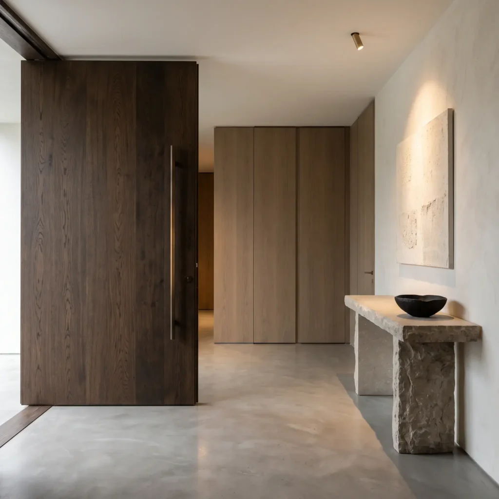 Minimalist modern entryway featuring an oversized dark oak pivot door, polished concrete floor, and limestone console.