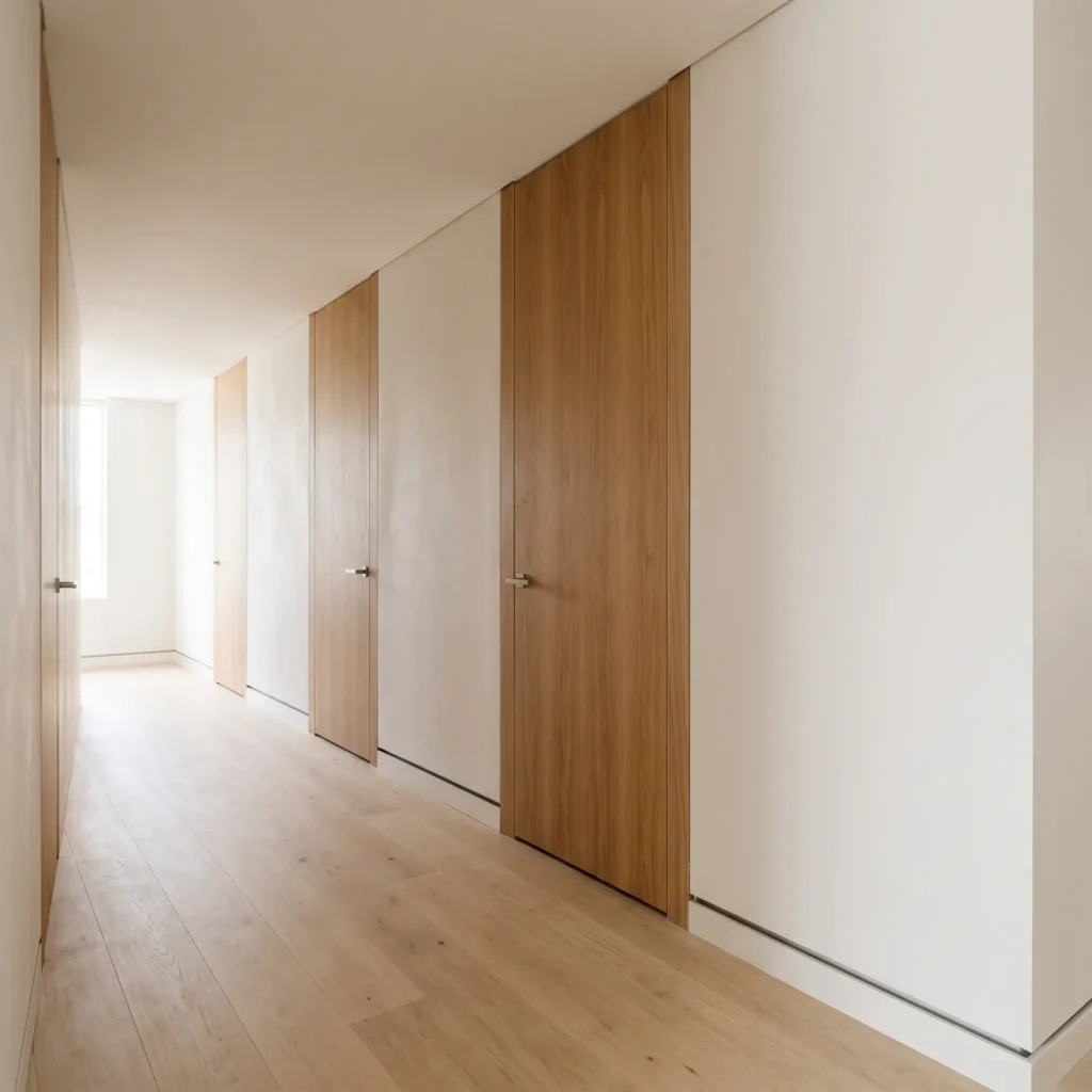 Modern architectural hallway showing recessed shadow line baseboards, frameless full-height doors, and wide-plank oak flooring.