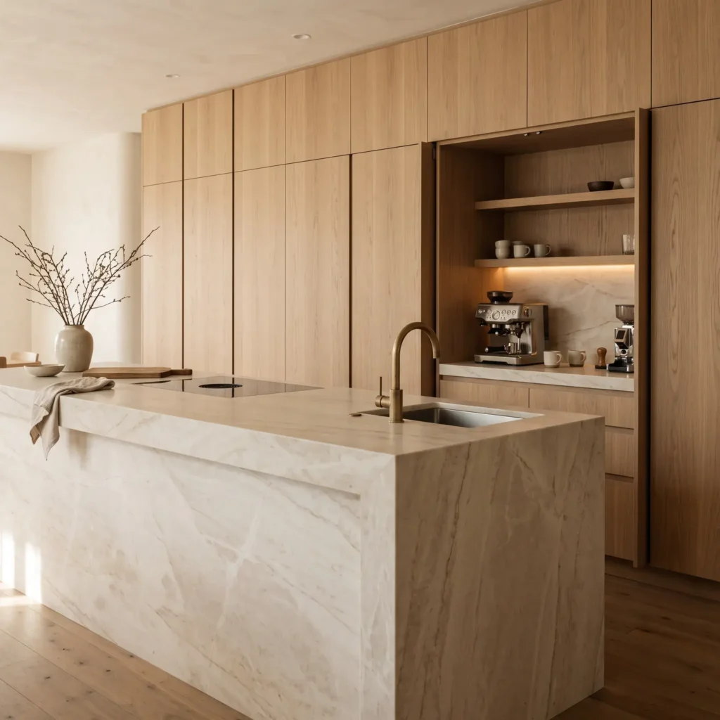  Minimalist kitchen island in Taj Mahal quartzite with floor-to-ceiling white oak pocket doors concealing a prep station.