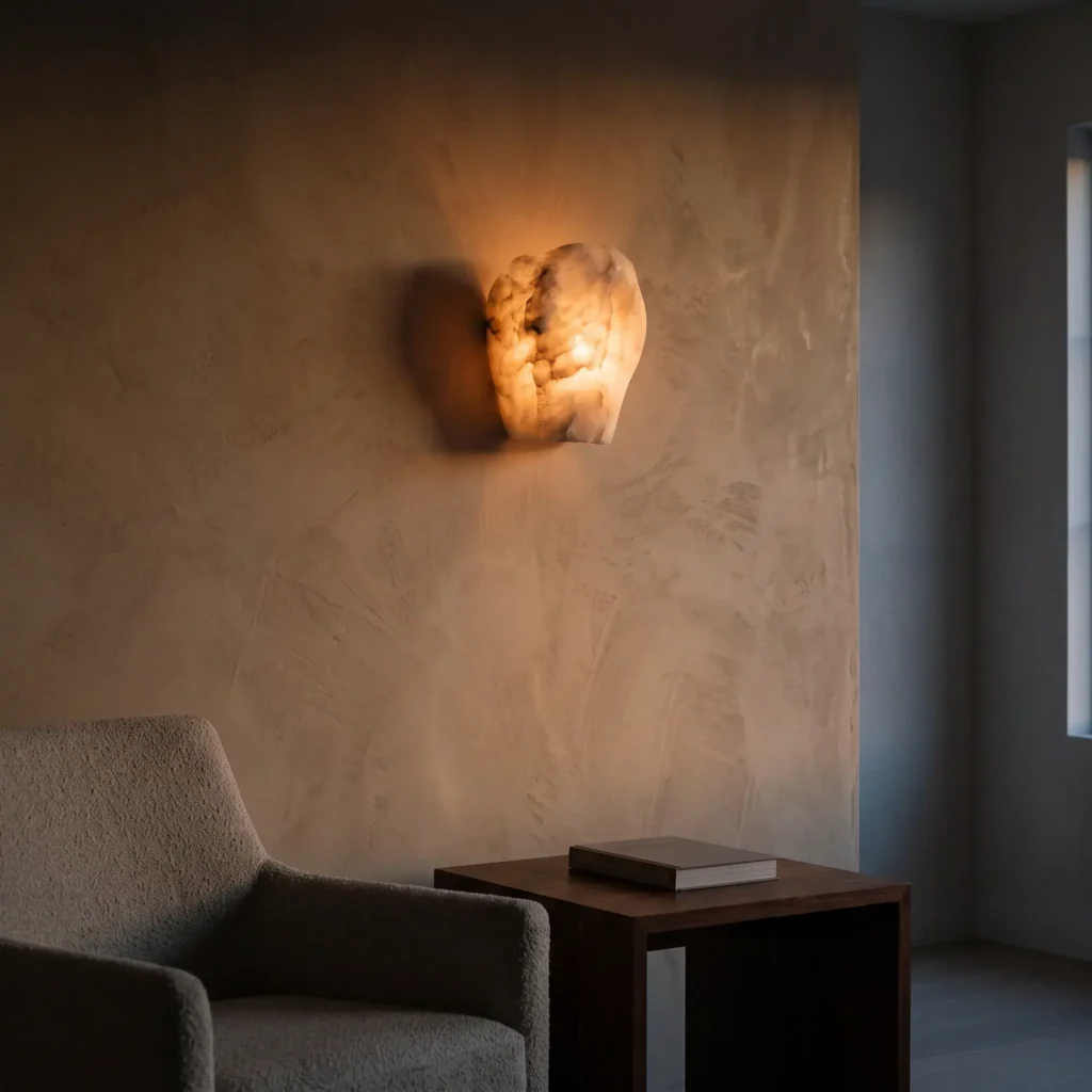  Softly glowing carved alabaster wall sconce casting warm grazing light downward across a textured plaster wall.