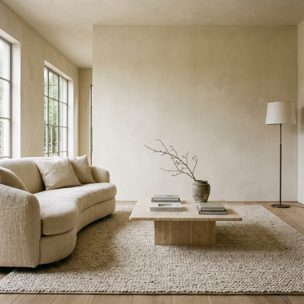 Quiet luxury living room featuring a honed travertine coffee table, curved linen sofa, and un-dyed wool rug.