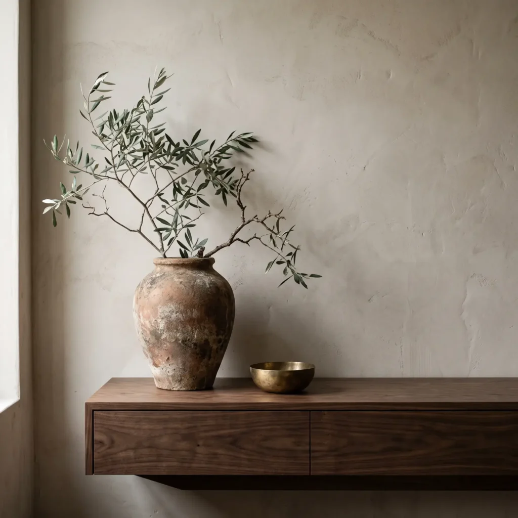 Floating walnut console styled with a single antique terracotta urn, an olive branch, and minimal art.