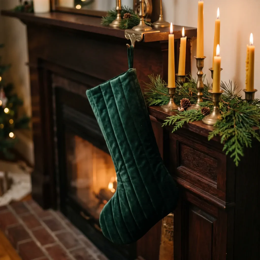 Quilted dark emerald green velvet holiday stocking with channel stitching on a dark wood mantel.