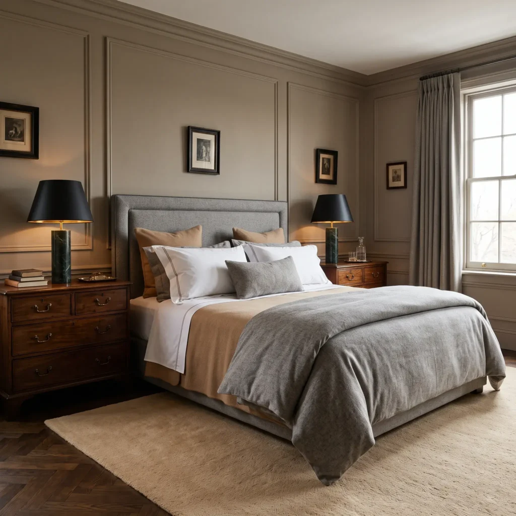 Tailored menswear style bedroom with a gray flannel headboard, camel wool blanket, and antique walnut side tables.