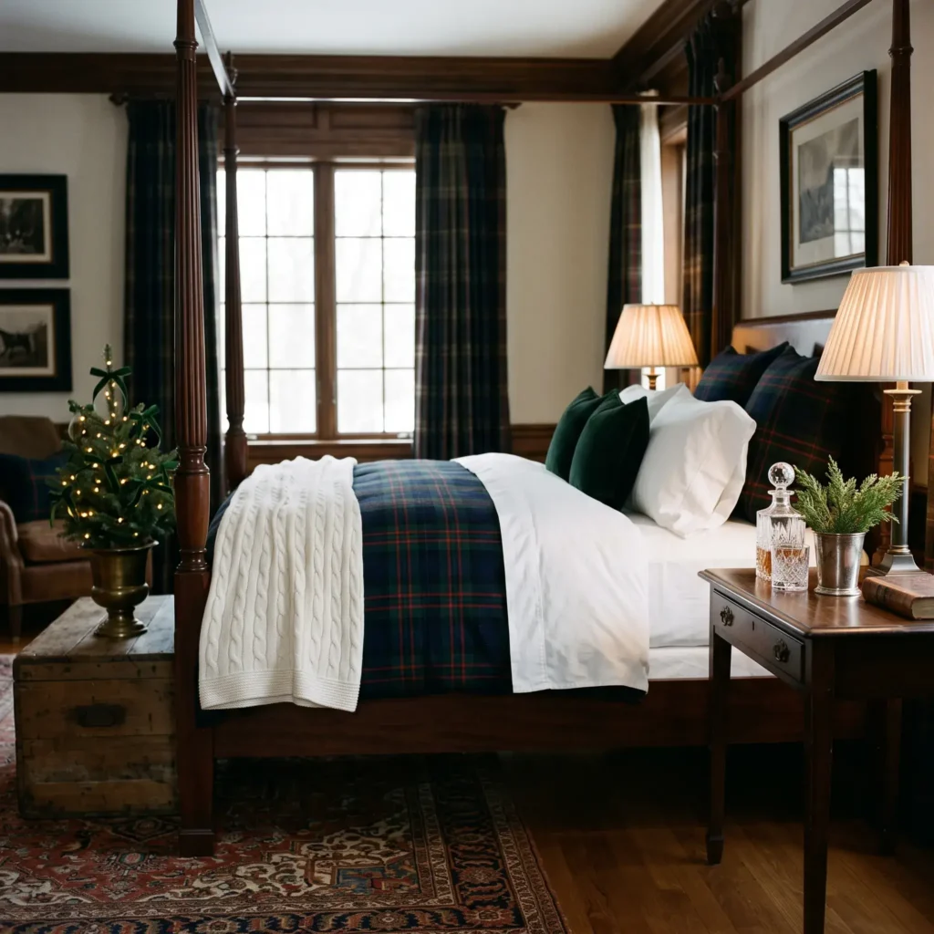 Traditional bedroom styled for Christmas with tartan bedding, cable-knit blanket, and tabletop tree.