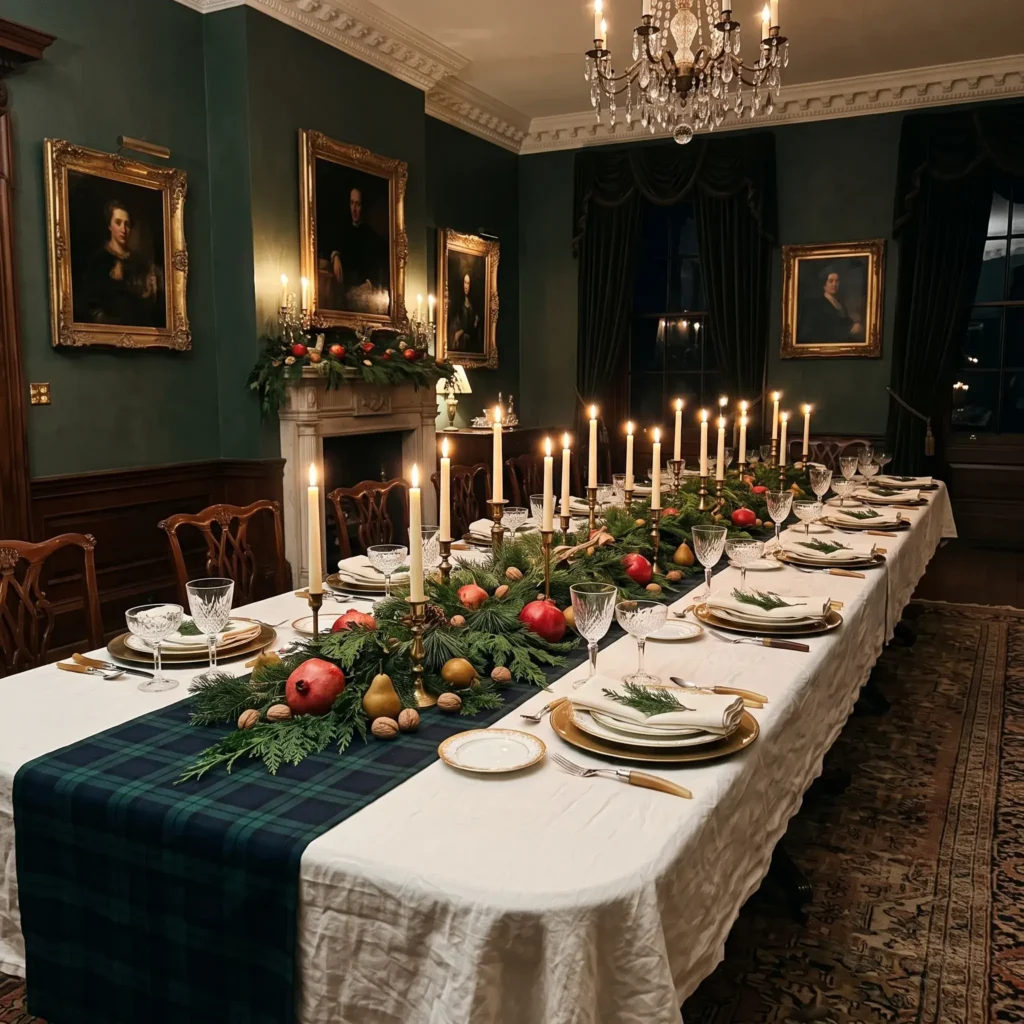 Classic holiday dining table with tartan runner, brass chargers, fresh fruit centerpiece, and crystal coupes.