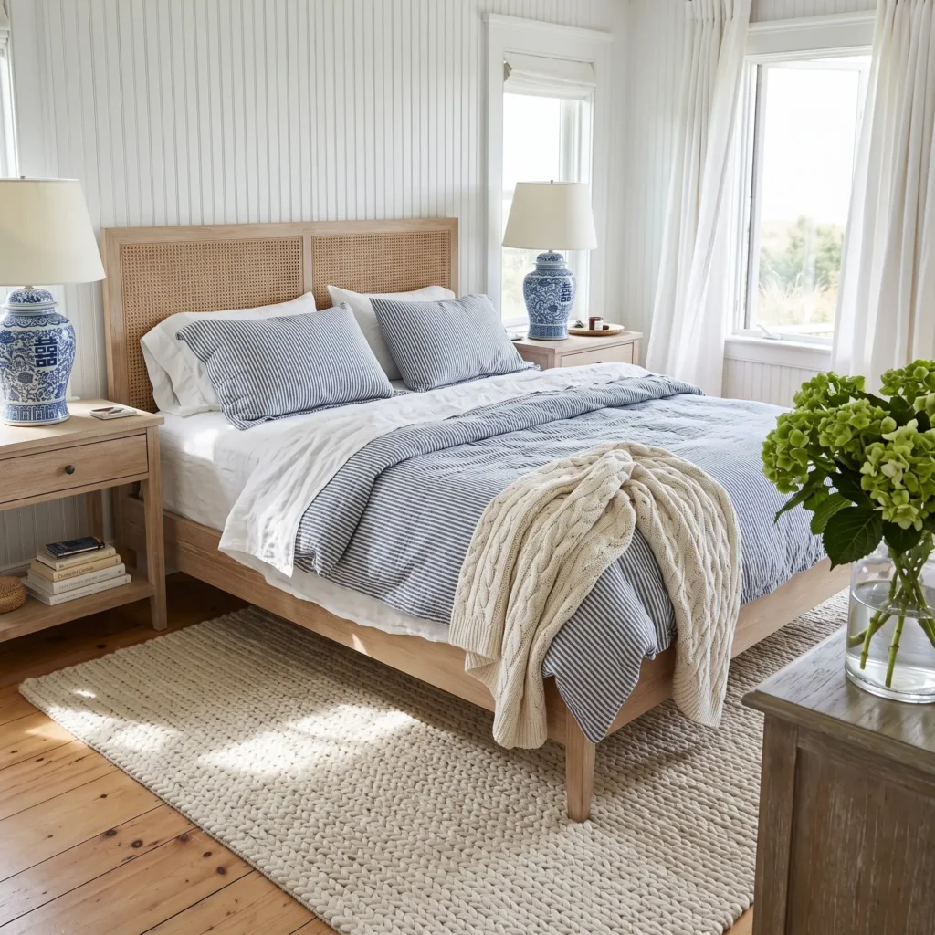 Coastal bedroom with a light oak cane bed, indigo ticking stripe duvet cover, and woven jute area rug.
