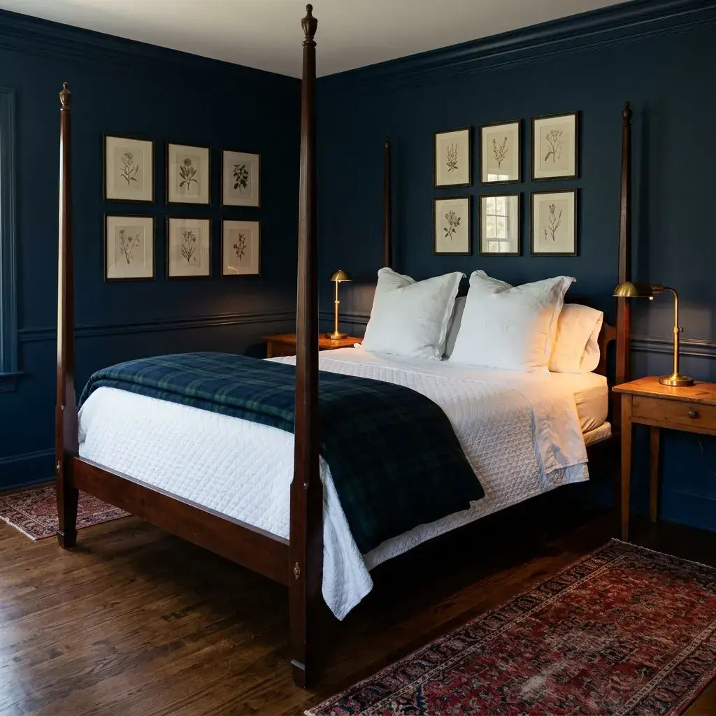 Moody dark navy bedroom with brass accents, white quilted coverlet, and deep blue walls.