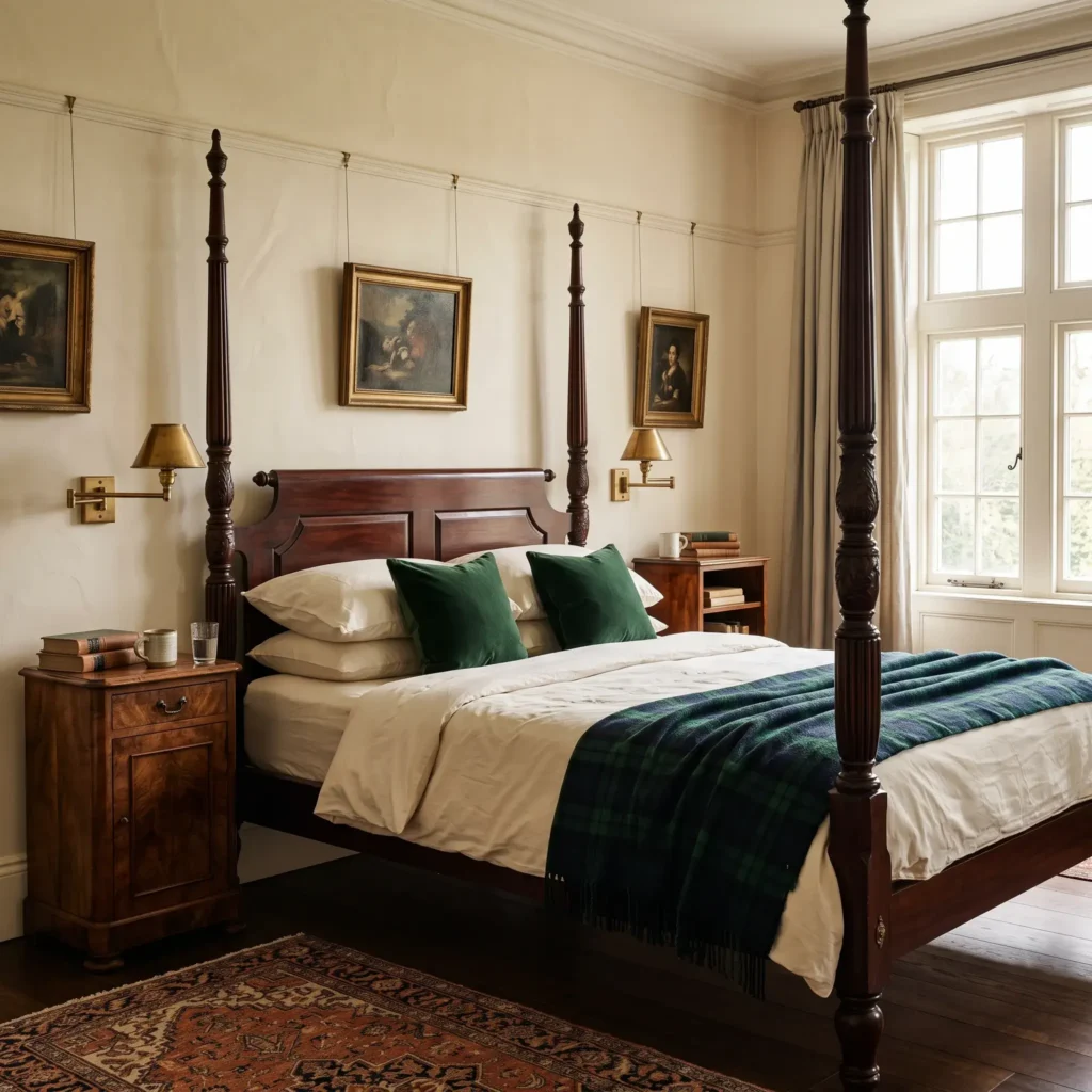 English manor style bedroom featuring a dark mahogany four-poster bed, Black Watch tartan wool blanket, and brass swing arm bedside lamps.