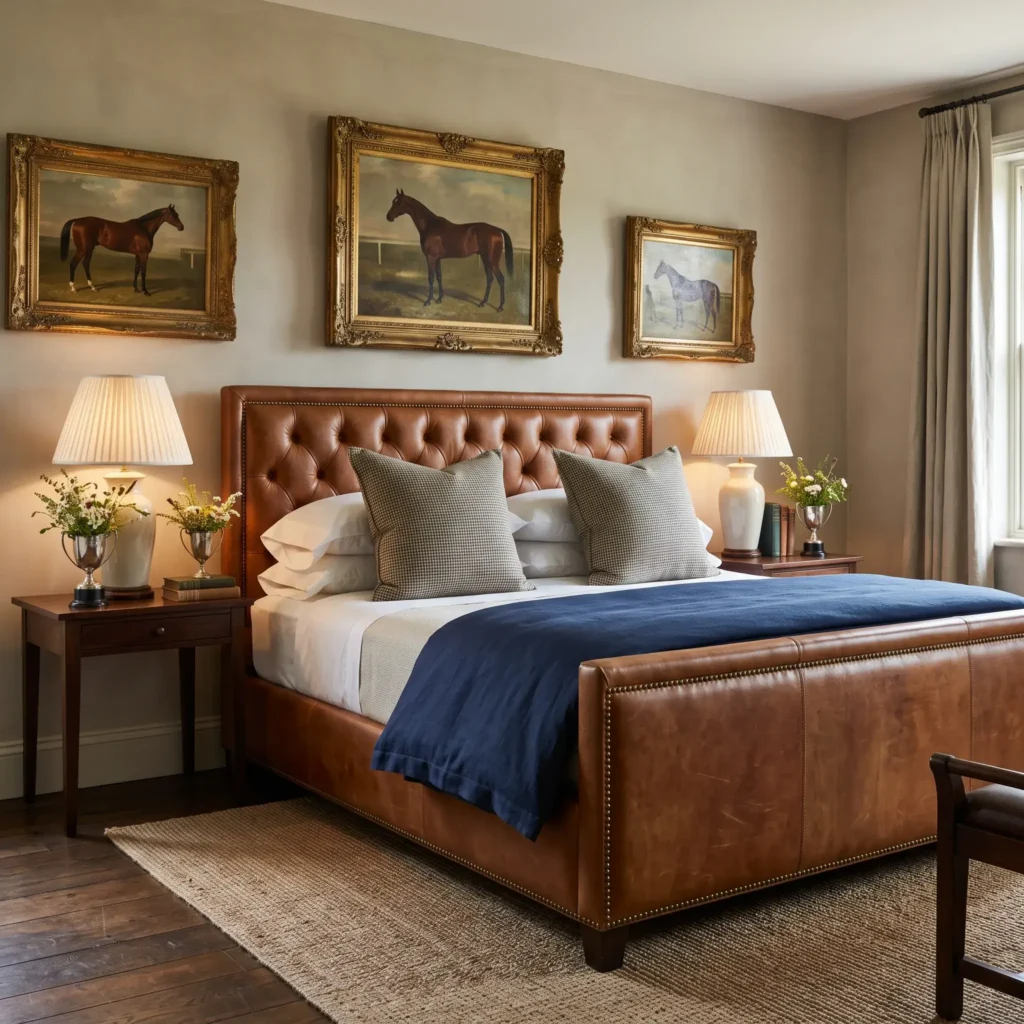 Equestrian inspired bedroom with a button-tufted cognac leather bed, houndstooth pillows, and vintage brass accents.