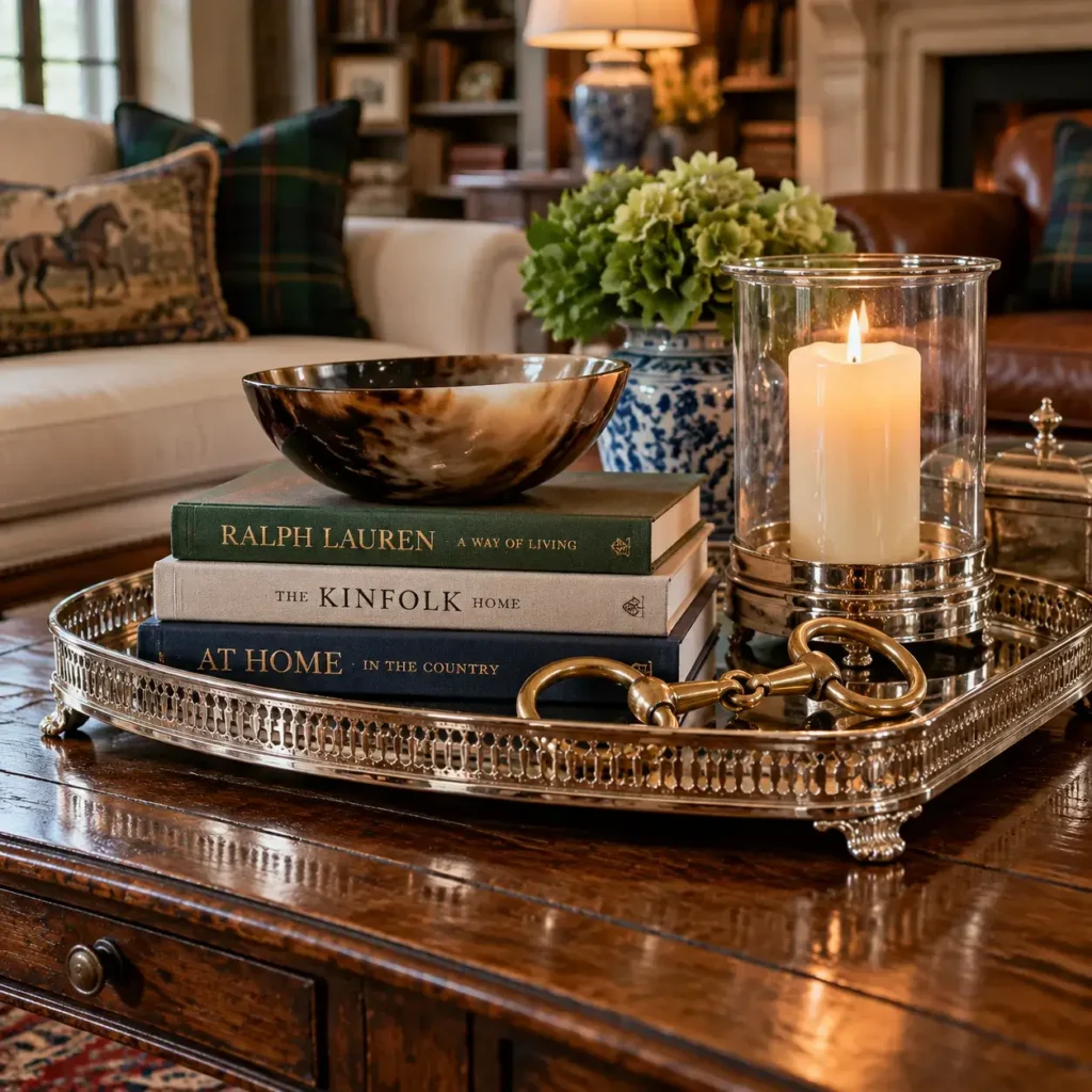 Traditional dark wood coffee table styled with a silver gallery tray, stacked hardcover books, and equestrian brass decor.