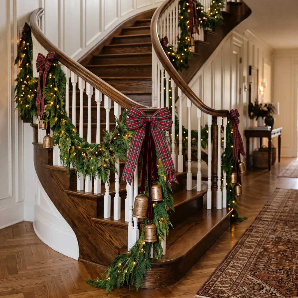 Grand staircase decorated with draped cedar garland, tartan ribbons, and hanging brass bells.