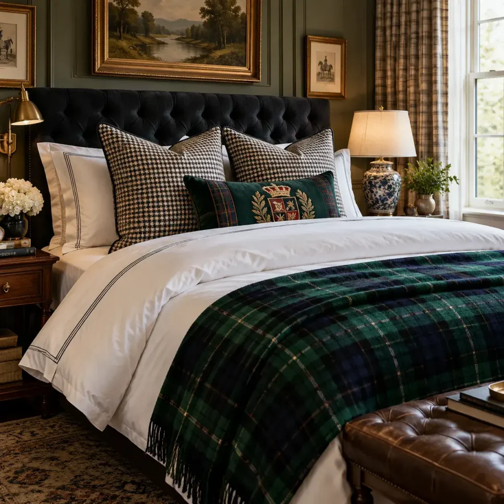 Voluminous traditional bed styled with down duvets, houndstooth European shams, and a tartan wool throw blanket.