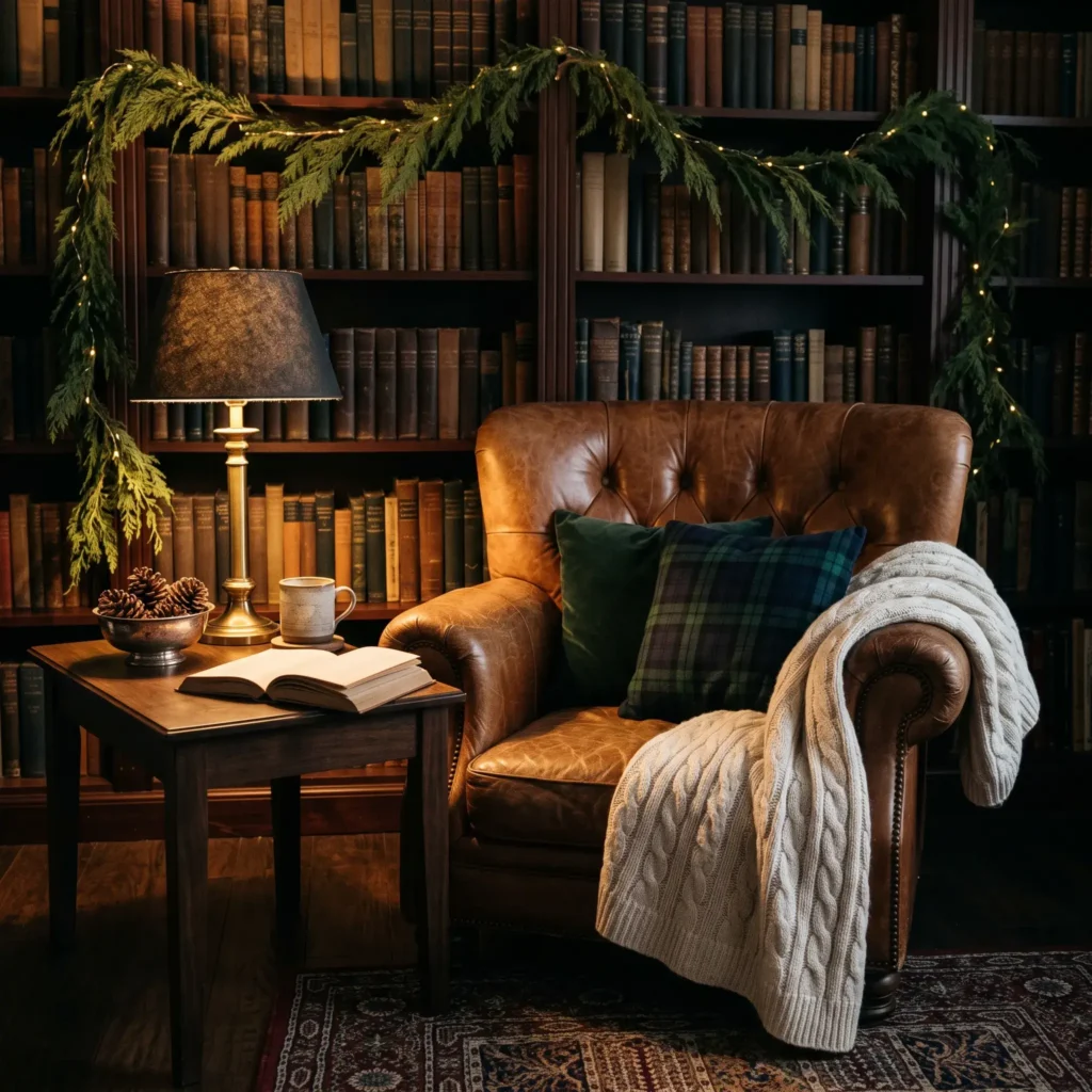 Moody home library with leather sofa, wool tartan pillows, cashmere throw, and warm table lamp glow.