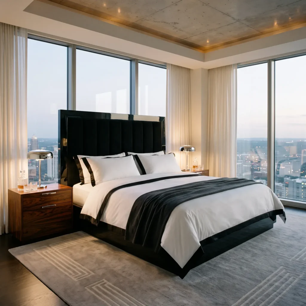 Art deco inspired modern Ralph Lauren bedroom with a channel-tufted black velvet headboard, high-gloss nightstands, and crisp white sheets with black satin border.