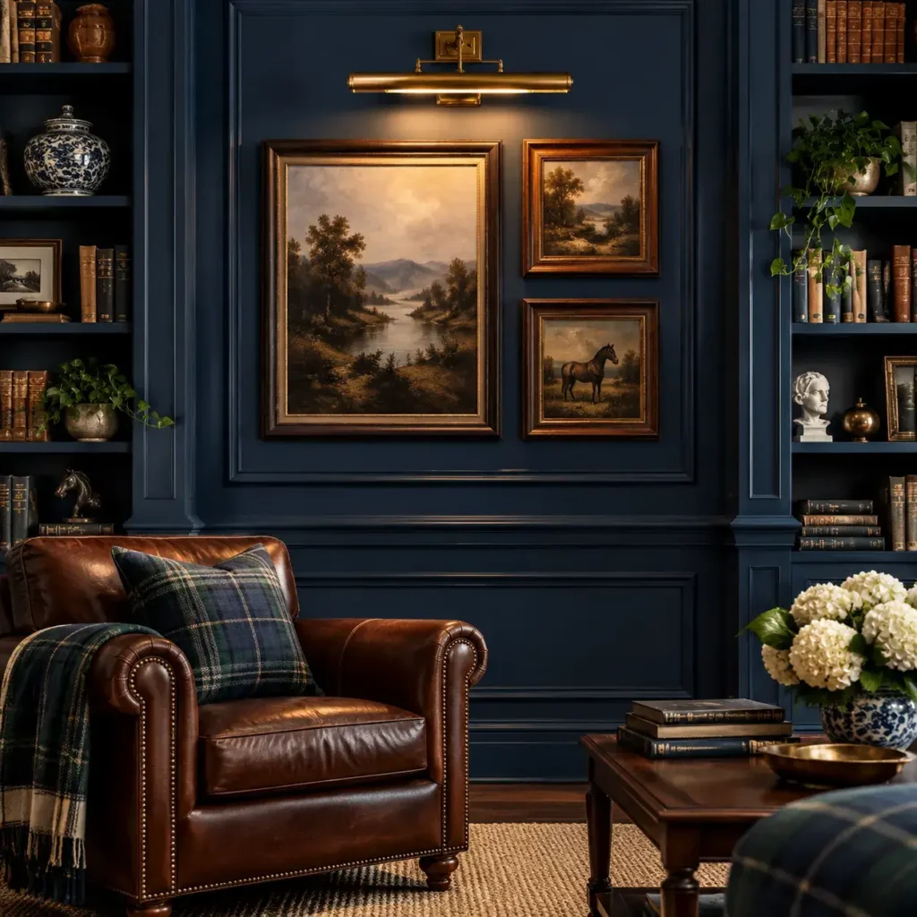 Dark navy library accent wall with picture frame molding and an antiqued brass picture light highlighting vintage artwork.