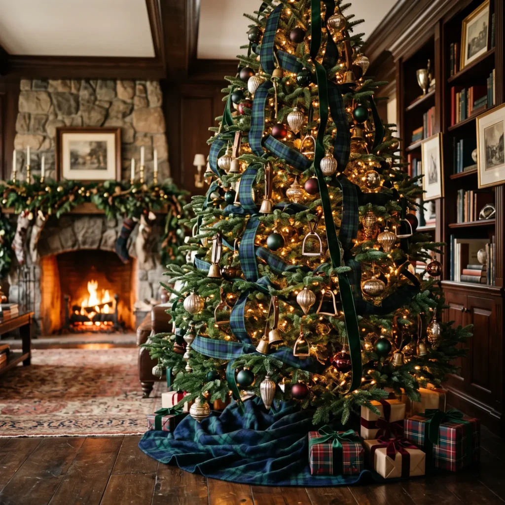 Classic Ralph Lauren Christmas tree with Black Watch tartan ribbon, brass bells, and warm amber lighting.