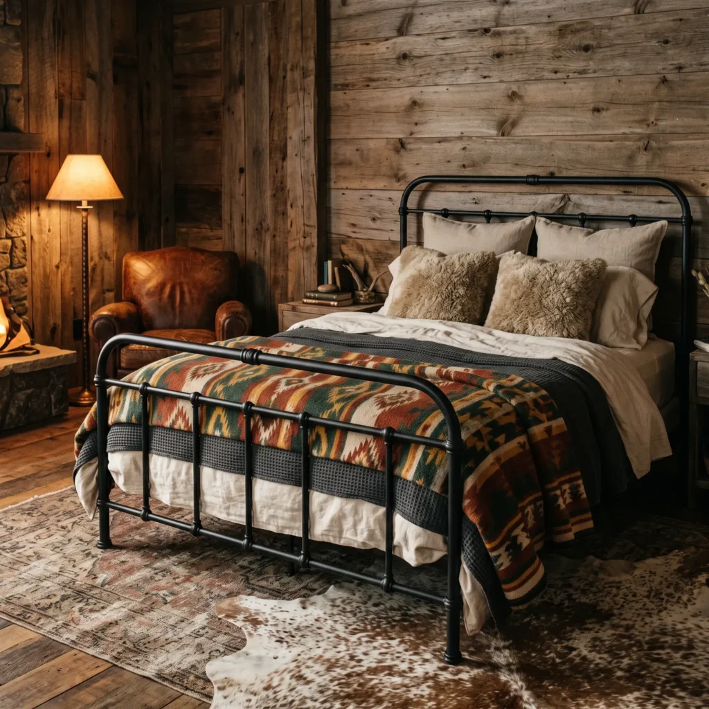 Rustic cabin bedroom with a black wrought iron bed frame, Southwestern jacquard patterned blanket, and warm wood paneled walls.