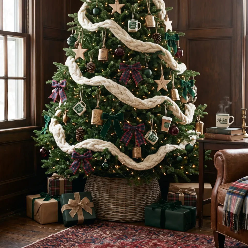 Cozy Ralph's Coffee inspired Christmas tree with ivory cable-knit accents and warm brass bells.