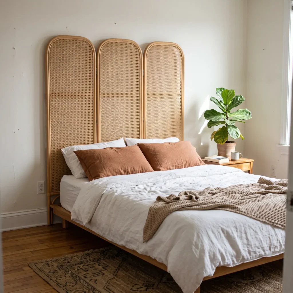 Natural woven cane and rattan three-panel room divider secured behind a queen mattress as a temporary headboard.
