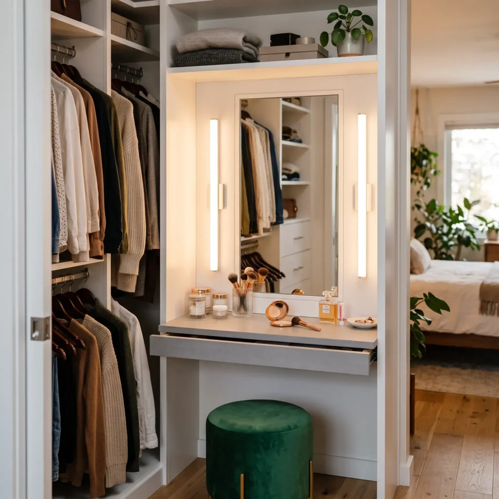 Reach-in closet converted into a built-in makeup vanity with mirror, warm lighting, and pull-out trays.