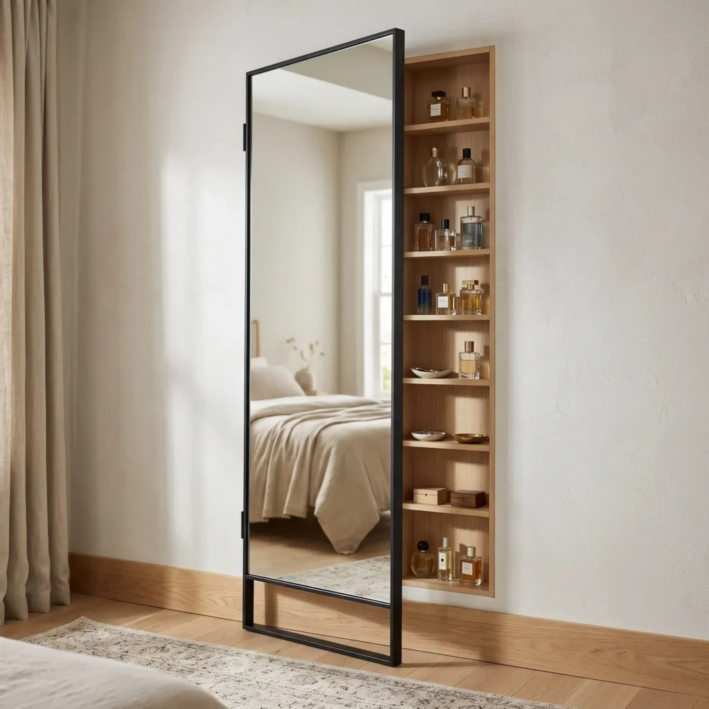  Built-in recessed wall cabinet concealed behind a full-length black framed mirror in a farmhouse bedroom.