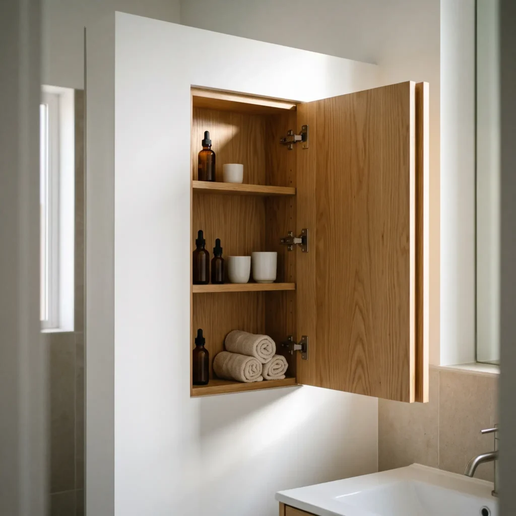 Recessed wood medicine cabinet built flush between wall studs in a small bathroom.