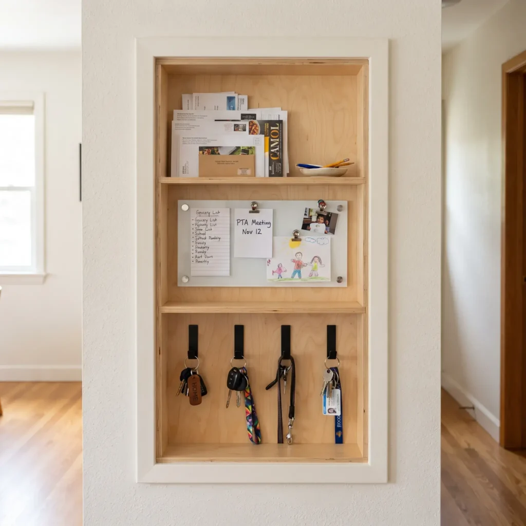 Recessed between-the-studs kitchen drop zone niche with maple frame, key hooks, and dry erase board.