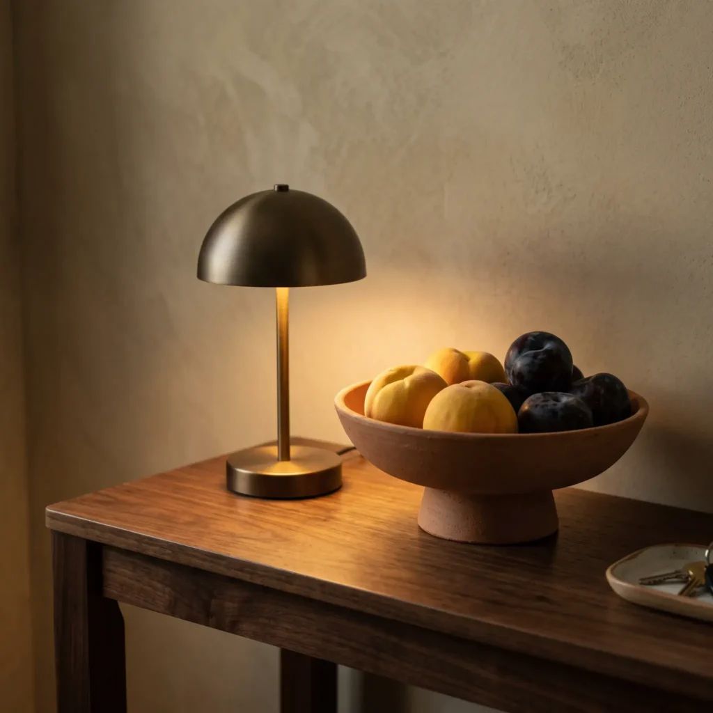  Small mushroom cordless LED lamp illuminating a terracotta bowl filled with peaches on a dark wood console.
