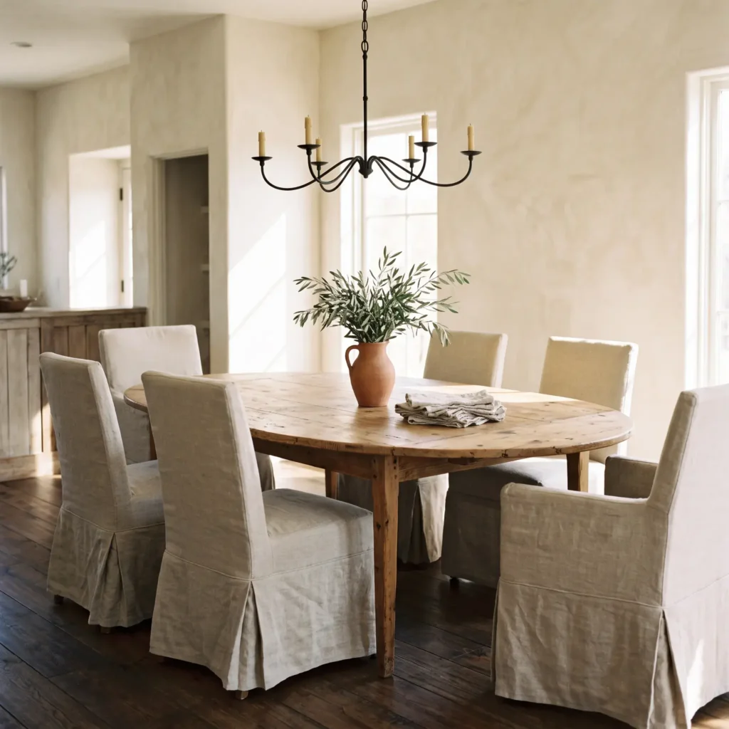 Reclaimed oval pine dining table surrounded by linen slipcovered chairs under a black iron chandelier.