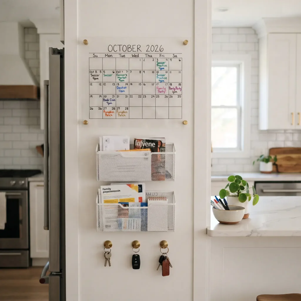  Refrigerator cabinet side panel transformed into a family drop station with acrylic calendar and file pockets.