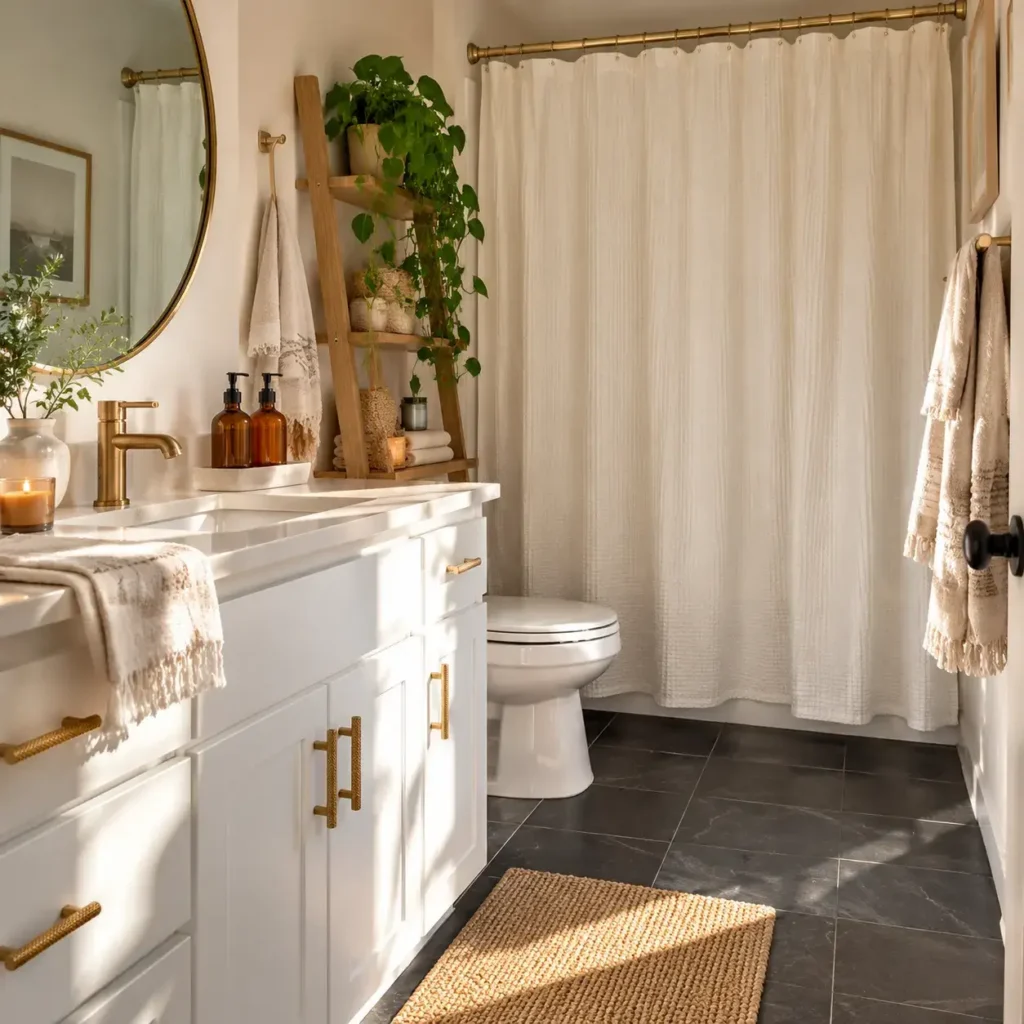 Rental-friendly bathroom makeover with peel-and-stick slate floor tiles, amber glass dispensers, and a waffle shower curtain.