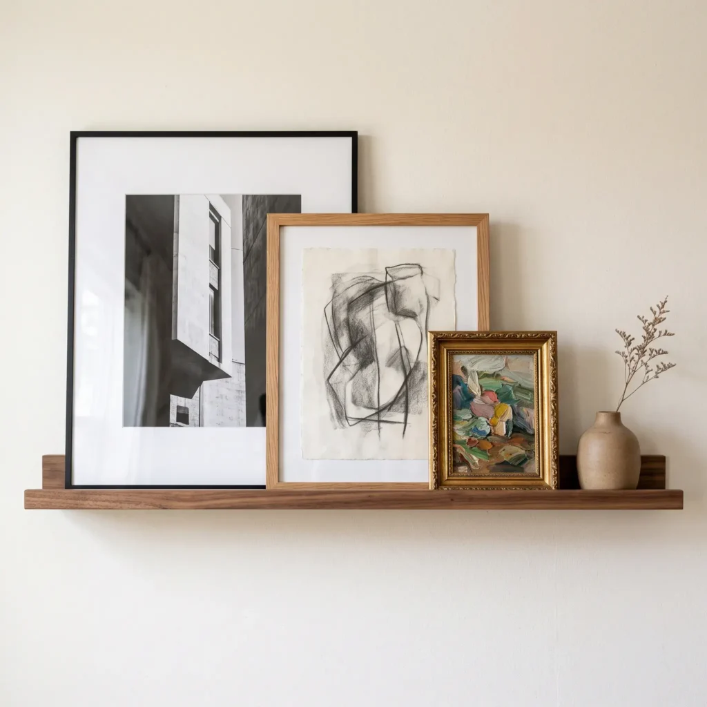 Wooden picture ledge holding overlapping framed art prints and canvas pieces against a neutral wall.