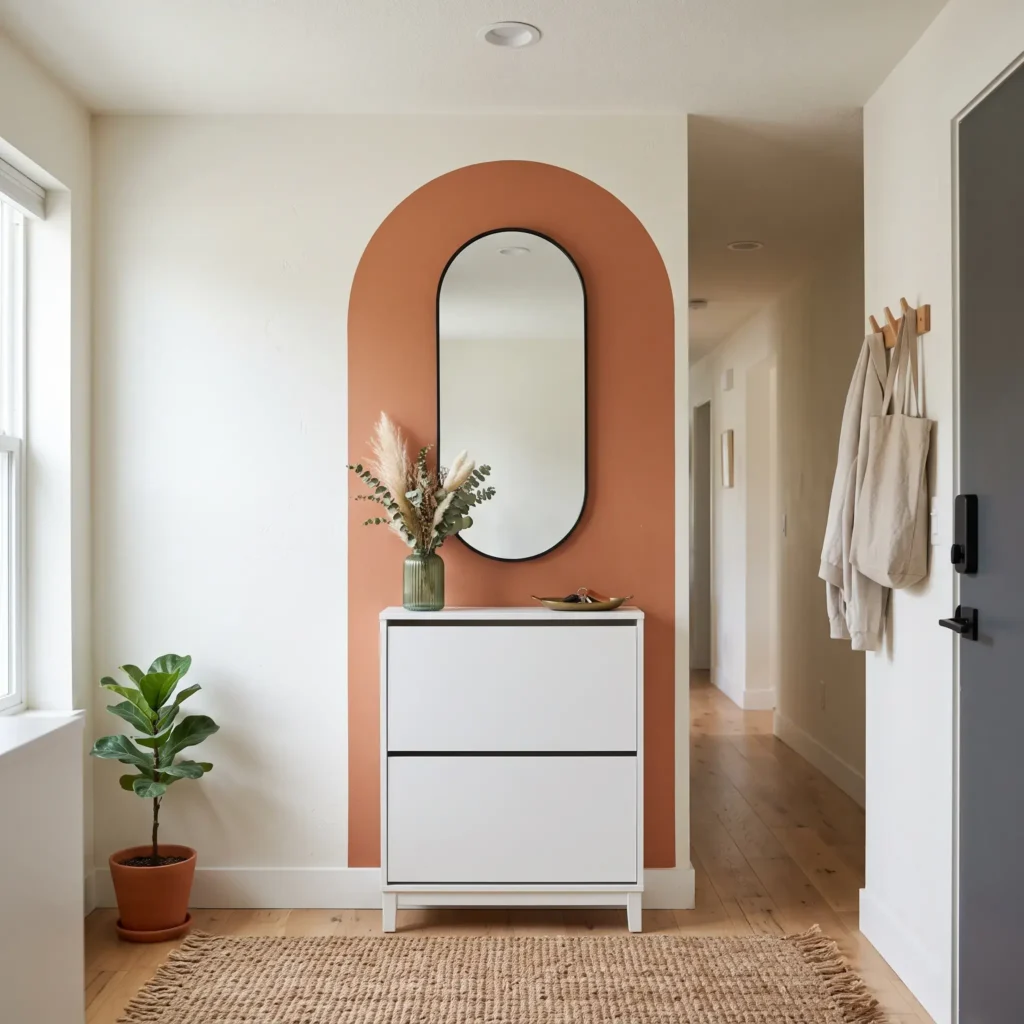 Terracotta painted arch entryway wall zone with a shallow tilt-out shoe cabinet and arched mirror for renters.