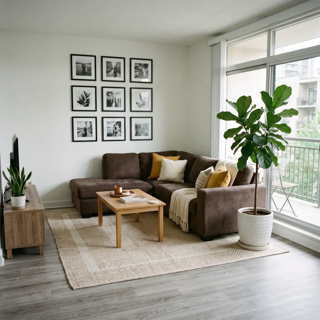 Renter-friendly living room update featuring a dark brown couch brightened by an oversized cream rug on gray laminate floors.