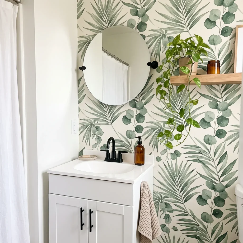 Small rental bathroom with removable green botanical wallpaper and round mirror.