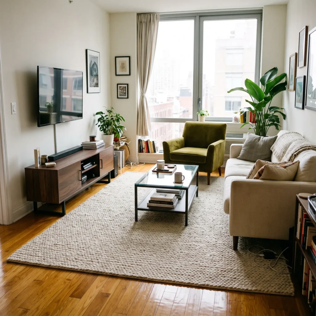 Renter living room with honey oak floors covered by a large jute rug, dark walnut media console, and olive chair.