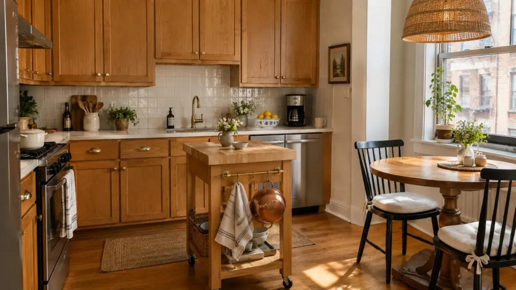 Small apartment rental kitchen styled with a rolling butcher block cart, brass cabinet hardware, spindle-back chairs, and a rattan pendant light.
