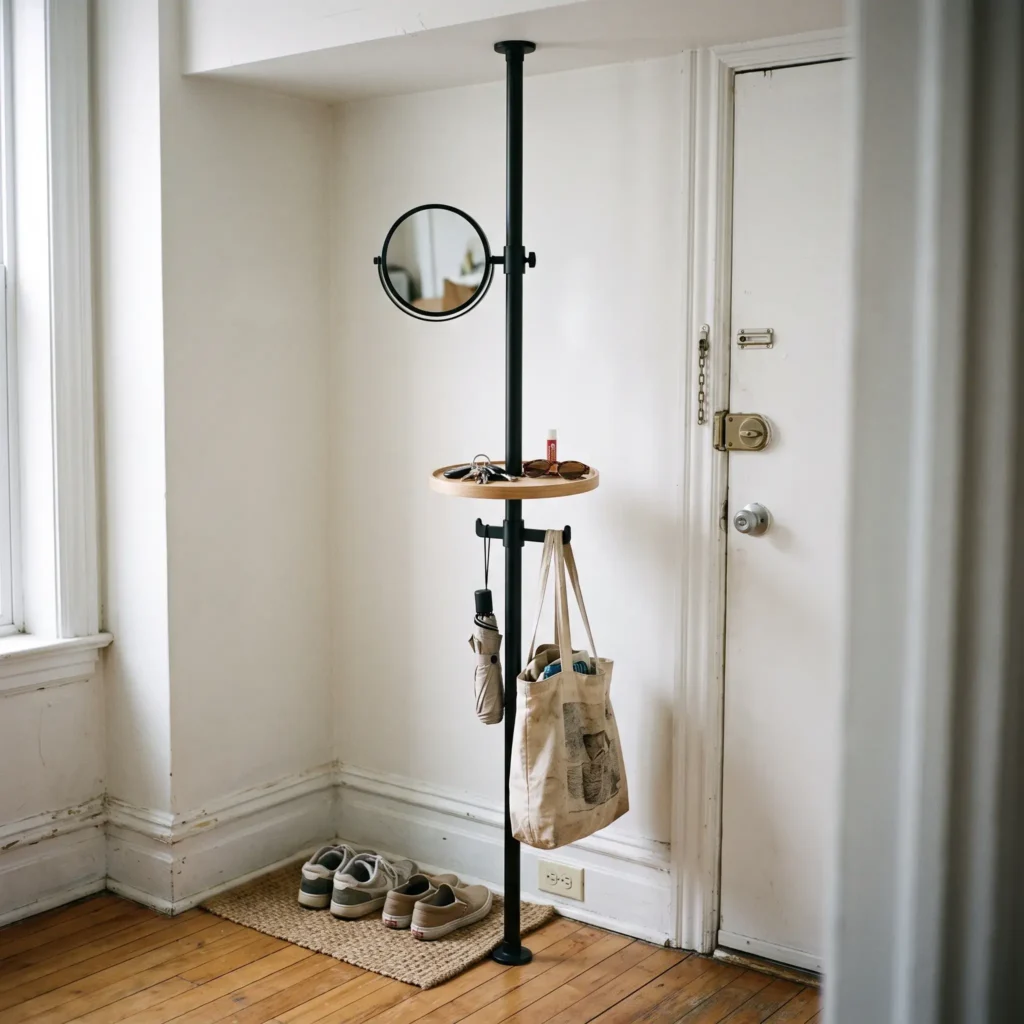 Floor to ceiling black metal tension rod organizer with adjustable trays and hooks in a rental entryway.
